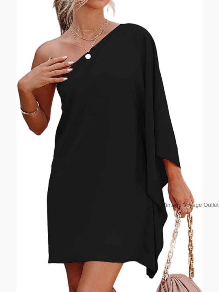 One Shoulder Batwing Sleeve Mini Dress A-Line Ruffle Club Party Cocktail